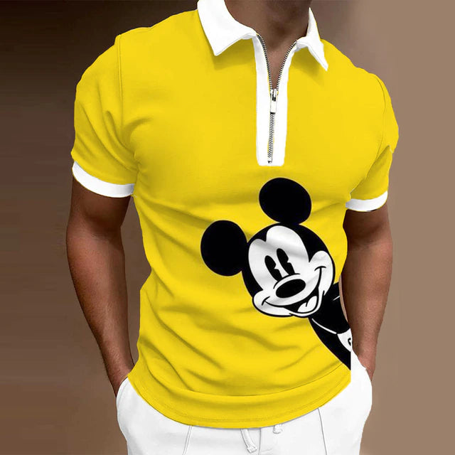 Disney Cute Mickey Mouse Mickey Men's Polo Shirt Men's Short Sleeve Lapel Zipper Slim Fit Casual Cartoon Print Summer Polo Shirt