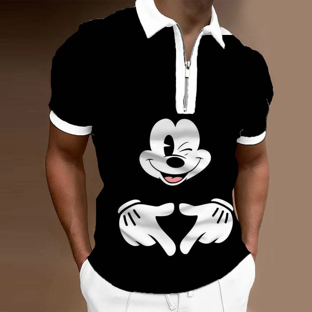 Disney Cute Mickey Mouse Mickey Men's Polo Shirt Men's Short Sleeve Lapel Zipper Slim Fit Casual Cartoon Print Summer Polo Shirt