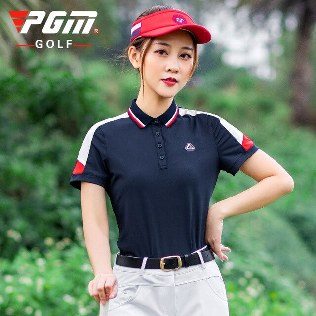 PGM Women Stitching Short Sleeve T Shirt Golf Clothing Lady Summer Sports Outdoor Training Wear Breathable Tennis Apparel Lapel
