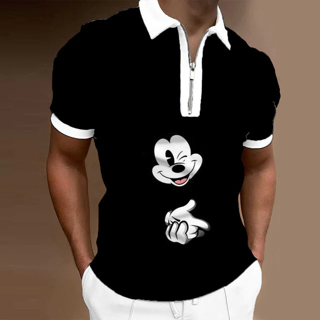 Disney Cute Mickey Mouse Mickey Men's Polo Shirt Men's Short Sleeve Lapel Zipper Slim Fit Casual Cartoon Print Summer Polo Shirt