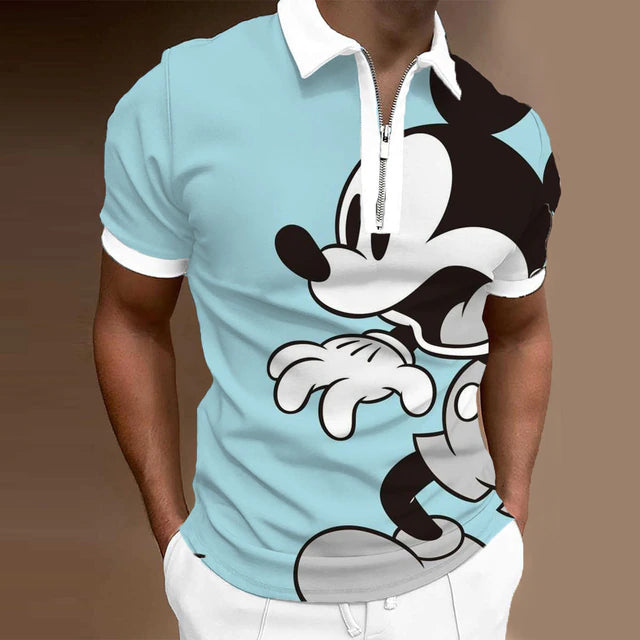 Disney Cute Mickey Mouse Mickey Men's Polo Shirt Men's Short Sleeve Lapel Zipper Slim Fit Casual Cartoon Print Summer Polo Shirt