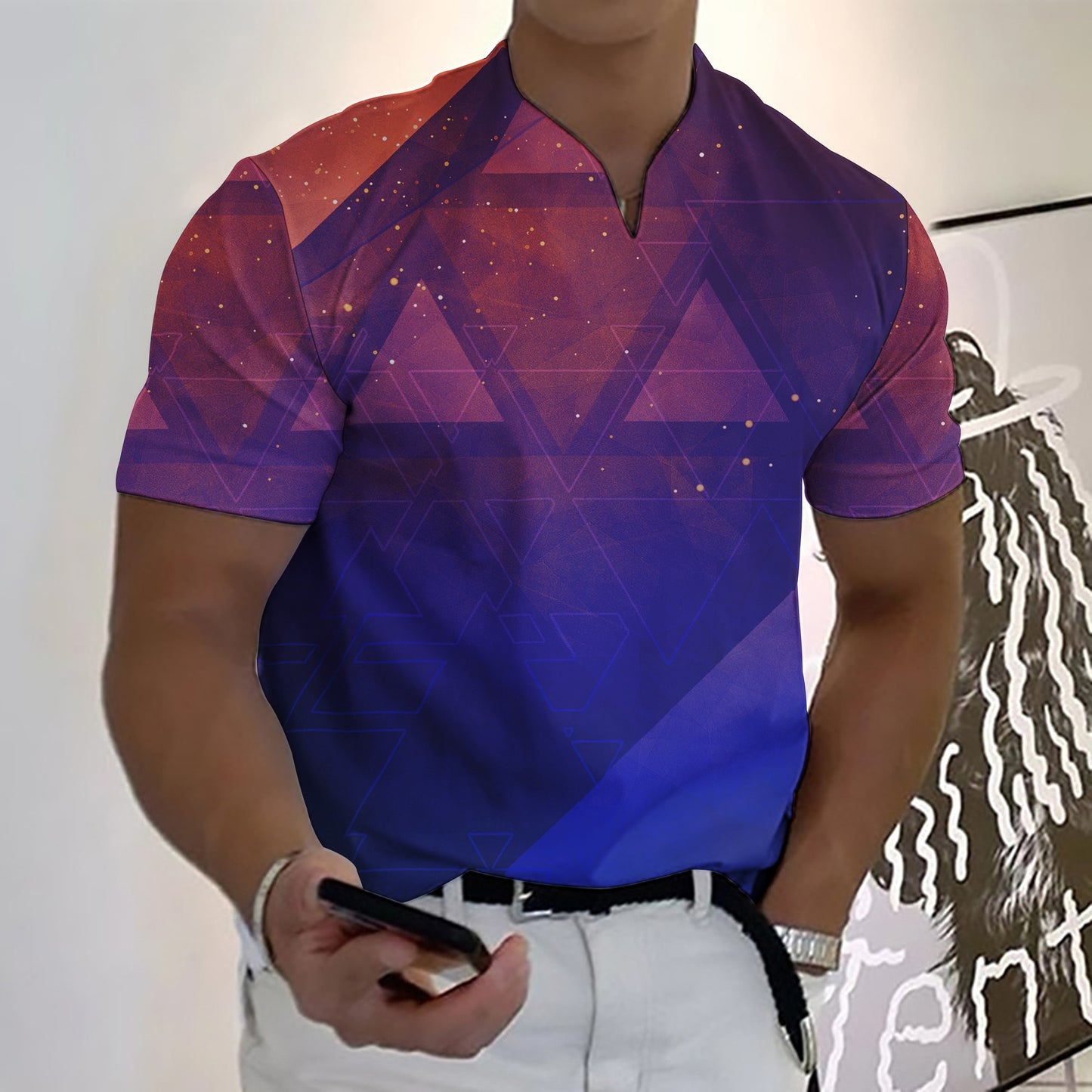 2023 New Summer Men V-neck Golf Suit Fashion Star-Spangled Flag High-Definition 3D Digital Print Casual Short-Sleeve Street Sear