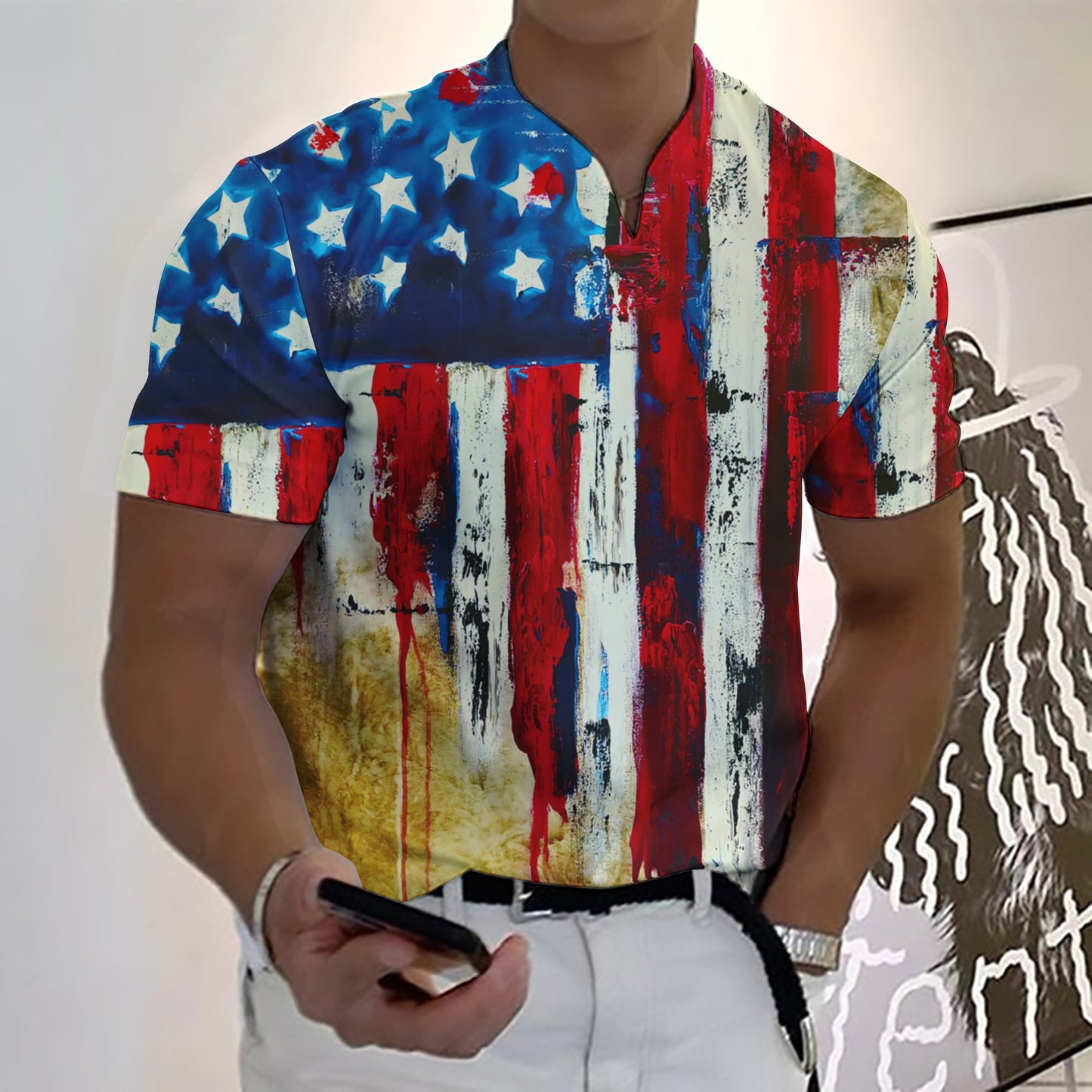 2023 New Summer Men V-neck Golf Suit Fashion Star-Spangled Flag High-Definition 3D Digital Print Casual Short-Sleeve Street Sear