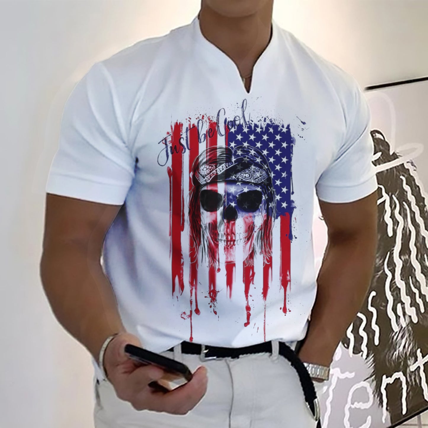 2023 New Summer Men V-neck Golf Suit Fashion Star-Spangled Flag High-Definition 3D Digital Print Casual Short-Sleeve Street Sear