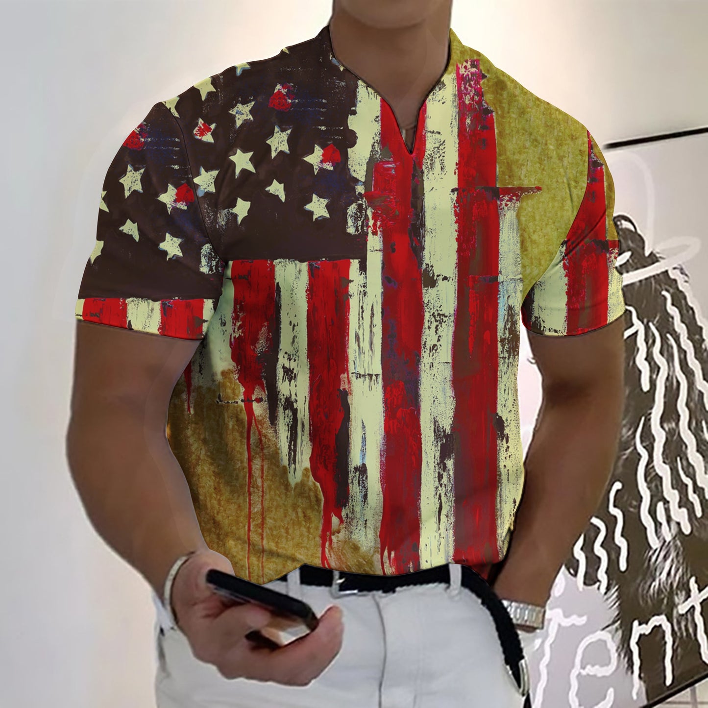 2023 New Summer Men V-neck Golf Suit Fashion Star-Spangled Flag High-Definition 3D Digital Print Casual Short-Sleeve Street Sear