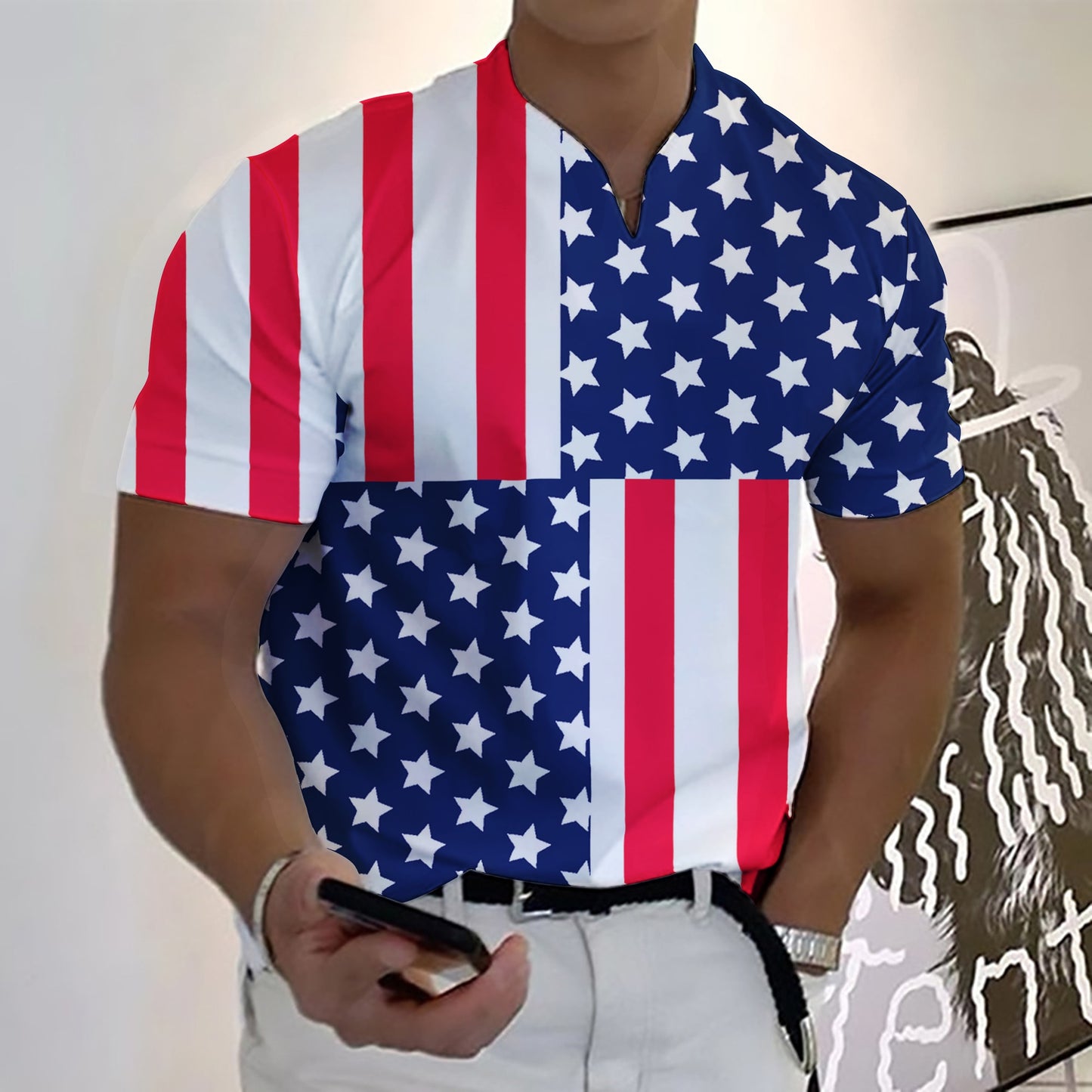 2023 New Summer Men V-neck Golf Suit Fashion Star-Spangled Flag High-Definition 3D Digital Print Casual Short-Sleeve Street Sear