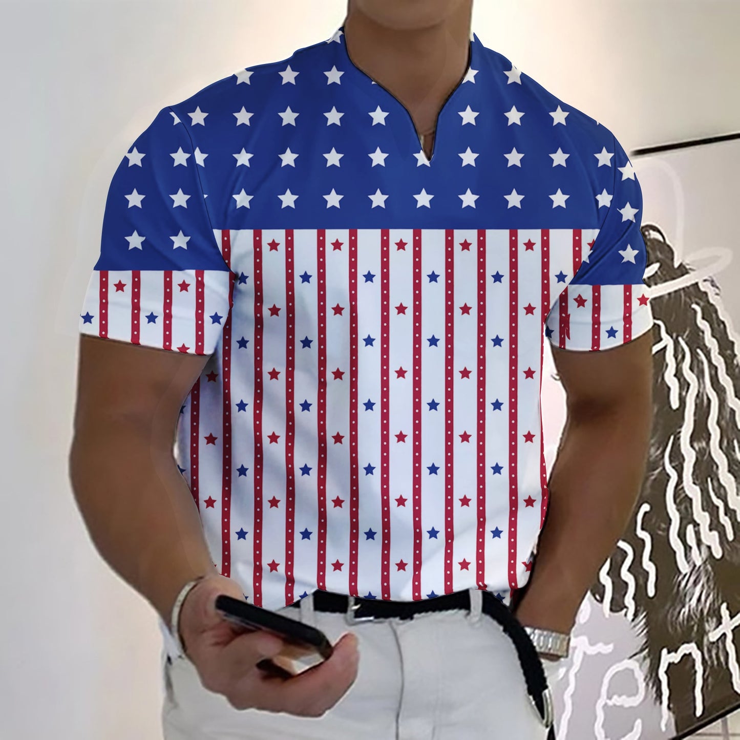 2023 New Summer Men V-neck Golf Suit Fashion Star-Spangled Flag High-Definition 3D Digital Print Casual Short-Sleeve Street Sear