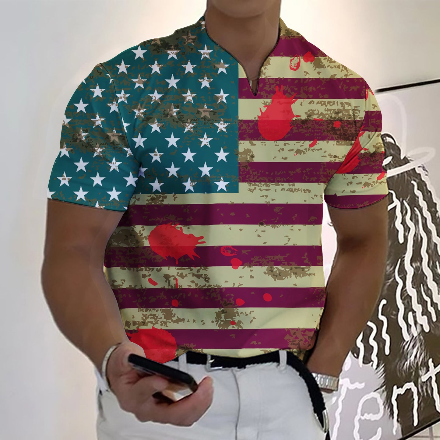 2023 New Summer Men V-neck Golf Suit Fashion Star-Spangled Flag High-Definition 3D Digital Print Casual Short-Sleeve Street Sear