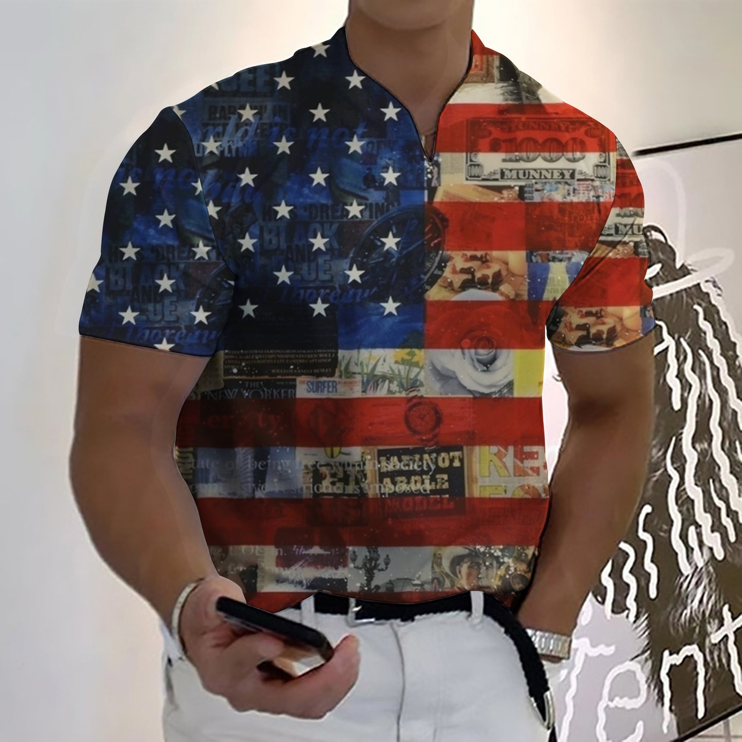 2023 New Summer Men V-neck Golf Suit Fashion Star-Spangled Flag High-Definition 3D Digital Print Casual Short-Sleeve Street Sear