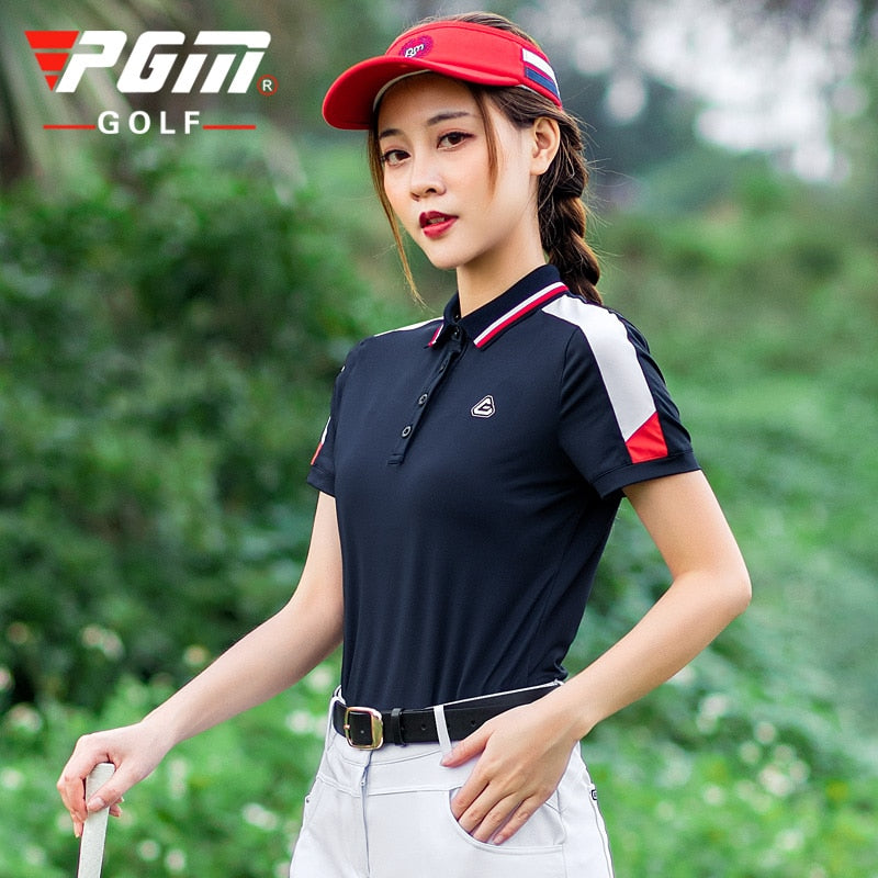 PGM Women Stitching Short Sleeve T Shirt Golf Clothing Lady Summer Sports Outdoor Training Wear Breathable Tennis Apparel Lapel